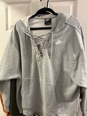 Nike Gray Lace-Up V-Neck Hoodie Womens